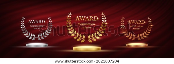 Podium for first, second, third place with\
laurel, number and text. Gold, silver and bronze ranks on stage on\
red curtain background. Championship in sport or movie vector\
illustration.