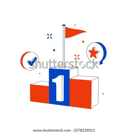 Podium with flag on the first-place platform, surrounded by checkmark and star icons in blue and red. Concept of success achievement and competition