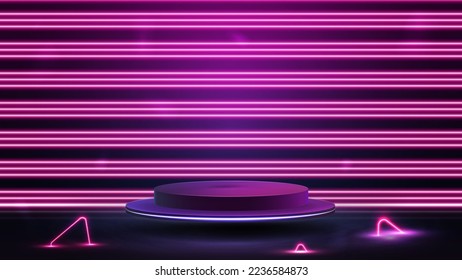 Podium floating in the air with horizontal line neon pink wall on background and neon triangles around