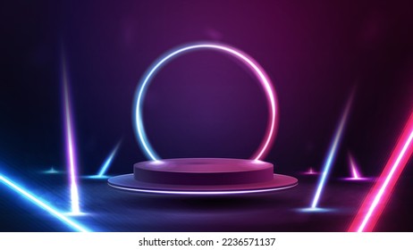 Podium floating in the air with line gradient neon ring on background and neon line rays around