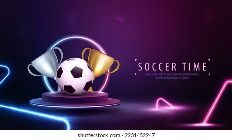 Podium floating in the air with soccer ball, champion cups, line gradient neon ring on background and neon blue and pink triangles around