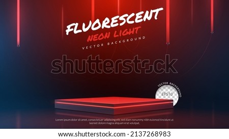 Podium with fluorescent neon light background. Concept of design for product display. Layout horizontal, Vector illustration