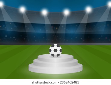 Podium and Football on Soccer Field in Stadium or Sport Arena. Football Field or Soccer Field Stadium. Vector Illustration.