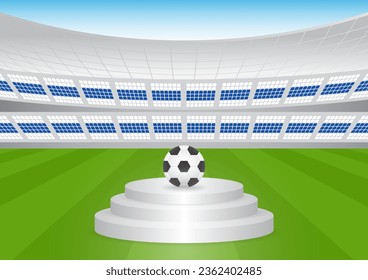 Podium and Football on Soccer Field in Stadium or Sport Arena. Football Field or Soccer Field Stadium. Vector Illustration.