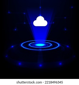 podium futuristic visualization projector design with a storage cloud blue neon light technology communication background. circle ring shines a hologram digital bright abstract vector design.