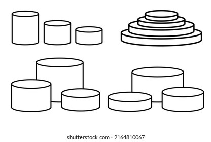 Podium geometric mockup display line set. Round outline doodle cylinder pedestal collection. 3d platform product presentation stand. Abstract vector shape for products display presentation background.