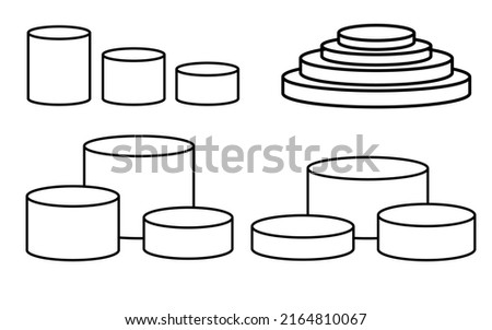 Podium geometric mockup display line set. Round outline doodle cylinder pedestal collection. 3d platform product presentation stand. Abstract vector shape for products display presentation background.