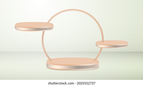 Podium geometric shape with a circular arch with placed on it any added two podiums. Stage for the show. Pedestal for presentations. 3d vector illustration.