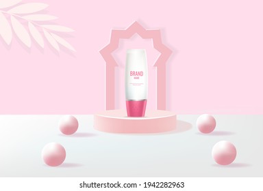 Podium with  geometric spheres, empty cylindrical stage for award ceremony or product presentation platform