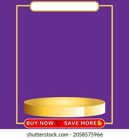 Podium vergoldet auf violettem Hintergrund. Box-Dekor und Produktmodellstufe für kommerzielle Produktankündigungen, Verkauf, Banner, Präsentation, Kosmetik, Angebote. 3D-Vektorgrafik für die Illustration.