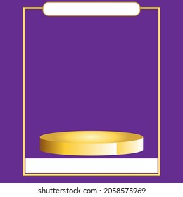 Podium vergoldet auf violettem Hintergrund. Box-Dekor und Produktmodellstufe für kommerzielle Produktankündigungen, Verkauf, Banner, Präsentation, Kosmetik, Angebote. 3D-Vektorgrafik für die Illustration.