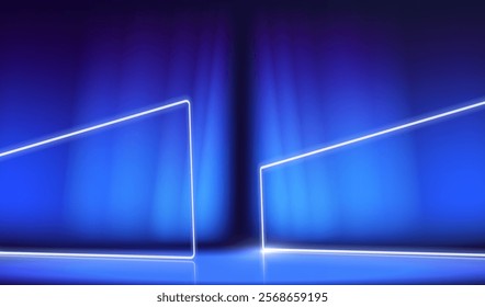 Podium with glowing neon lamps. Stage light lines in futuristic gaming design. Display game scene illumination concept. Empty studio show room vector.