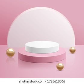  Podium and gold balls with spotlight vector illustrations.