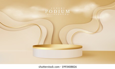 Podium gold and clouds with paper cut style scene element. luxury abstract background. cylinder shape for show product or stage for award ceremony. vector illustration.