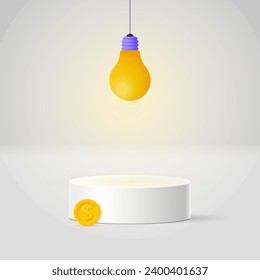 Podium with a gold coin illuminated by a light bulb. The concept of a new idea in a product. Vector illustration.