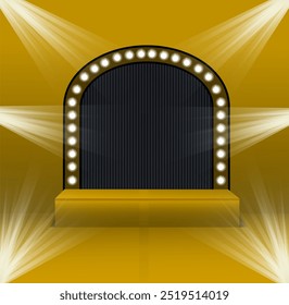 Podium gold color square with arch shape backdrop black color.minimal scene for product showcase with sportlight background.