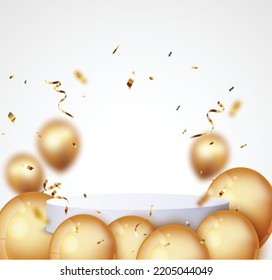 Podium with gold confetti and balloons, isolated on transparent background