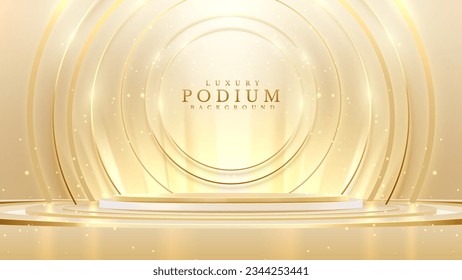 Podium and gold line circle frame elements with glitter light effects decorations. Luxury background. Vector illustration.
