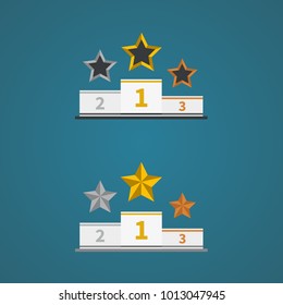 Podium with gold, silver and bronze trophy stars. Symbol of success.