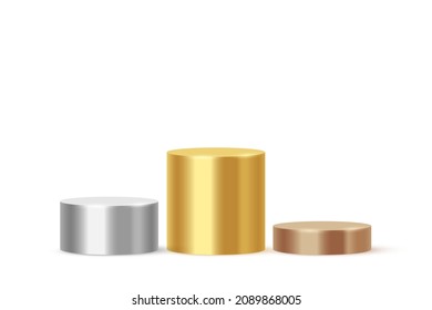 Podium for gold, silver and bronze winners vector illustration. 3d stage pedestal for champion award ceremony, glowing platform stairs isolated on white background