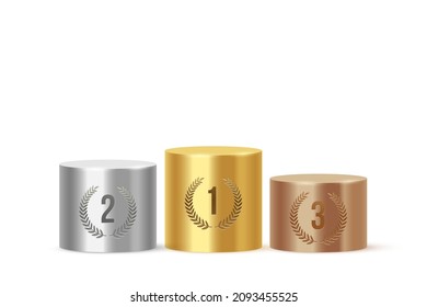 Podium for gold silver bronze winners vector illustration. 3d stage pedestal with laurel wreath and place number for champion award ceremony, glowing platform stairs isolated on white background