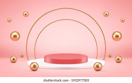 Podium with golden 3D rainbow and falling balls pink vector illustration. Red geometric pedestal on white stand surrounded by arc of elite yellow metal for presentation winners award ceremony.