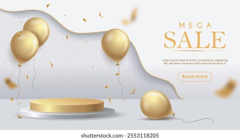 Podium with golden balloons. Pedestal for product presentation. Sale, discounts and promotion. Limited offer. Advertising and Marketing. Landing page design. Realistic vector illustration