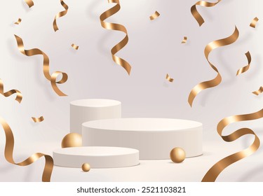 Podio con cintas de confeti dorado. Anuncio o fondo con pedestales redondos o escenarios para la presentación y adjudicación de productos. Diseño para Marketing. Renderización 3D. Ilustración vectorial realista