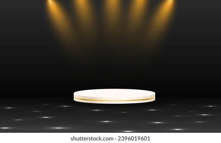 Podium golden on Black Background with light neon effects with bokeh decorations.