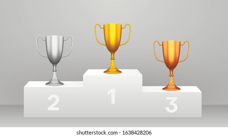 Podium with golden, silver and bronze bowls, goblets or champion cups. Championship, competition or tournament winners. Awards, prizes for first, second, third places. Realistic vector illustration.