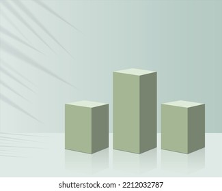 Podium green 3d and minimal white wall scene, minimal podium  palm leaf shadow overlay. Minimal background for product display presentation. Vector geometric platform.