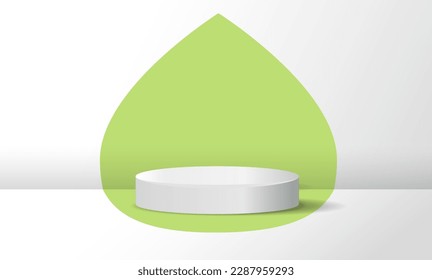 Podium with green drop. Advertising of natural and organic cosmetics, ecofriendly products. Place for presentation and promotion. Poster or banner for website. Realistic 3D vector illustration