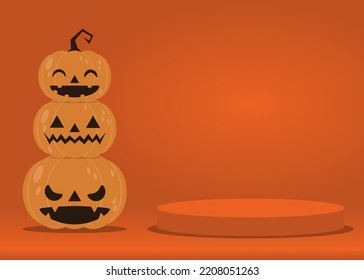Podium in Halloween Orange Tone Background with Spooky Pumpkins, Suitable for Product Presentation Backdrop, Display, and Mock up. (Vector)