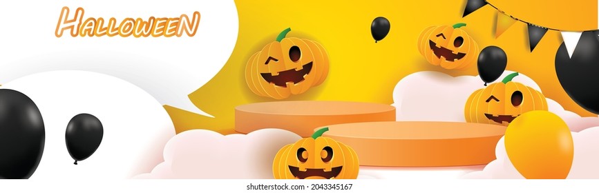 podium happy halloween vector illustation pumpkin orange backgroung stand scene for product