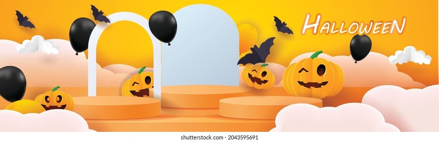 podium happy halloween vector illustation pumpkin orange backgroung stand scene for product