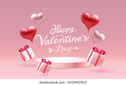 Podium with heart and balloons of Happy Valentines Day, greeting card from February 14. Vector illustration.