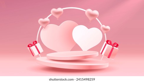 Podium with heart and balloons of Happy Valentines Day, greeting card from February 14. Vector illustration.