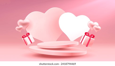 Podium with heart and balloons of Happy Valentines Day, greeting card from February 14. Vector illustration.