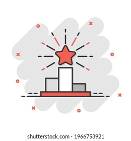 Podium icon in comic style. Pedestal cartoon vector illustration on white isolated background. Award splash effect business concept.