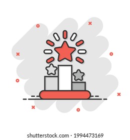 Podium icon in comic style. Pedestal cartoon vector illustration on white isolated background. Award splash effect business concept.