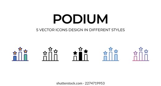 podium Icon Design in Five style with Editable Stroke. Line, Solid, Flat Line, Duo Tone Color, and Color Gradient Line. Suitable for Web Page, Mobile App, UI, UX and GUI design.