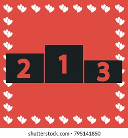 Podium icon flat. Simple black pictogram on red background with white hearts for valentines day. Vector illustration symbol