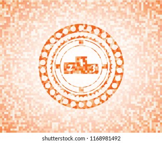 podium icon inside abstract orange mosaic emblem