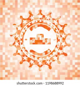 podium icon inside abstract orange mosaic emblem