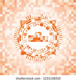 podium icon inside abstract orange mosaic emblem with background