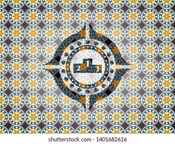 podium icon inside arabic badge background. Arabesque decoration.