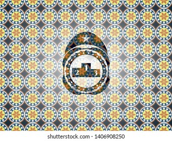 podium icon inside arabic badge background. Arabesque decoration.