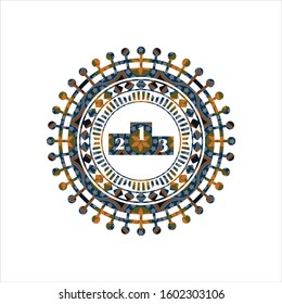podium icon inside arabic badge background. Arabesque decoration.