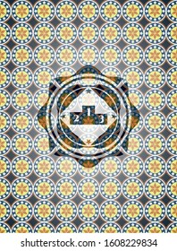 podium icon inside arabic emblem background. Arabesque decoration.