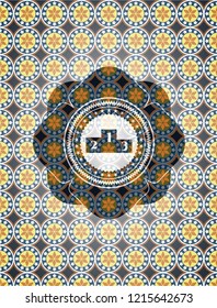 podium icon inside arabic style badge. Arabesque decoration.